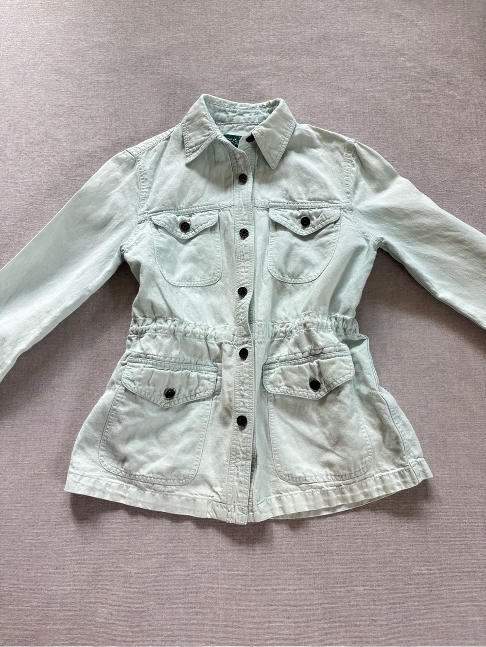 Ralph Lauren light blue button up linen jacket in size Medium Petite